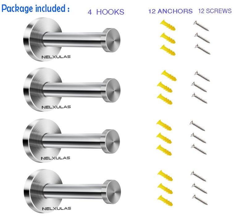 NELXULAS Brushed Stainless Steel Bath Towel Hooks Single Super Heavy Duty Wall Mount Hook, Coat Hook, Fit for Bedroom,Living Room, Bathroom and Fitting Room, Office (4", 4 PCS) - Image 2